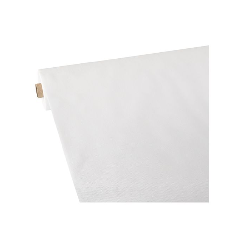 La nappe en non-tissé Starpak emballée sous film rétractable blanche „soft selection plus“ rouleau de dimensions 25 x 1,18 mètres est partiellement déroulée, révélant ainsi sa texture lisse. Le bord du rouleau est visible sur le côté gauche devant un fond entièrement blanc, ce qui crée une apparence minimaliste.