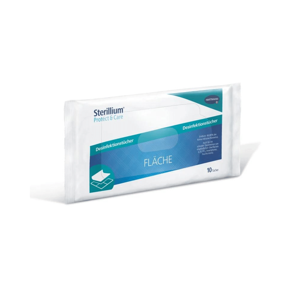 Un paquet de lingettes désinfectantes Hartmann Sterillium® Protect & Care pour surfaces Softpack, illustré sur fond blanc. L'emballage est principalement blanc et bleu, avec du texte en allemand. Contient 10 lingettes. Marque : Paul Hartmann AG.