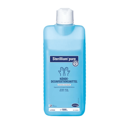 Une bouteille de désinfectant pour les mains Hartmann Sterillium® pure de Paul Hartmann AG en bleu, avec le nom du produit et les détails en allemand, soulignant l'efficacité antibactérienne et antifongique.