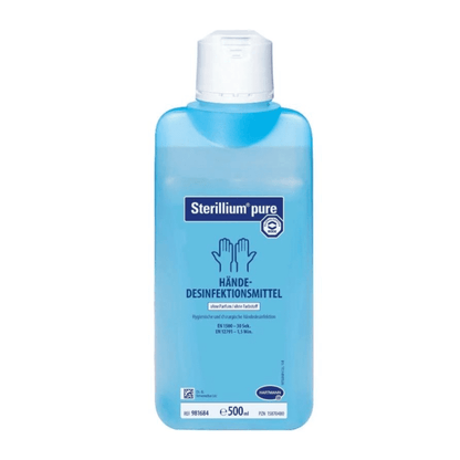 Une bouteille de désinfectant pour les mains Hartmann Sterillium® pure, 500 ml. La bouteille est bleue avec une étiquette en blanc et bleu, indiquant qu'il s'agit d'un désinfectant pour les mains hygiénique de Paul Hartmann AG.