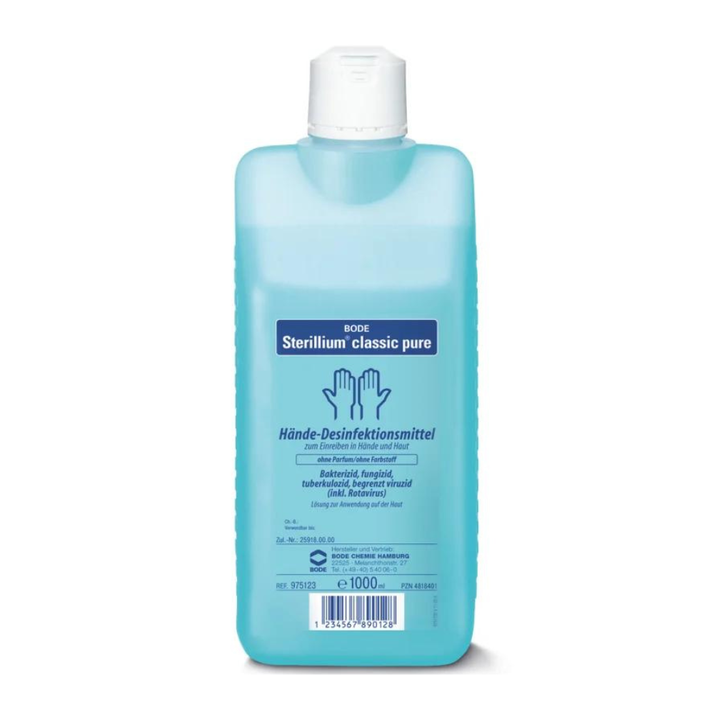 Une bouteille de désinfection des mains Sterillium® classic pure, 1000 ml, avec des informations en allemand soulignant les propriétés bactéricides, fongicides et virucides.
Nom de la marque : Paul Hartmann AG