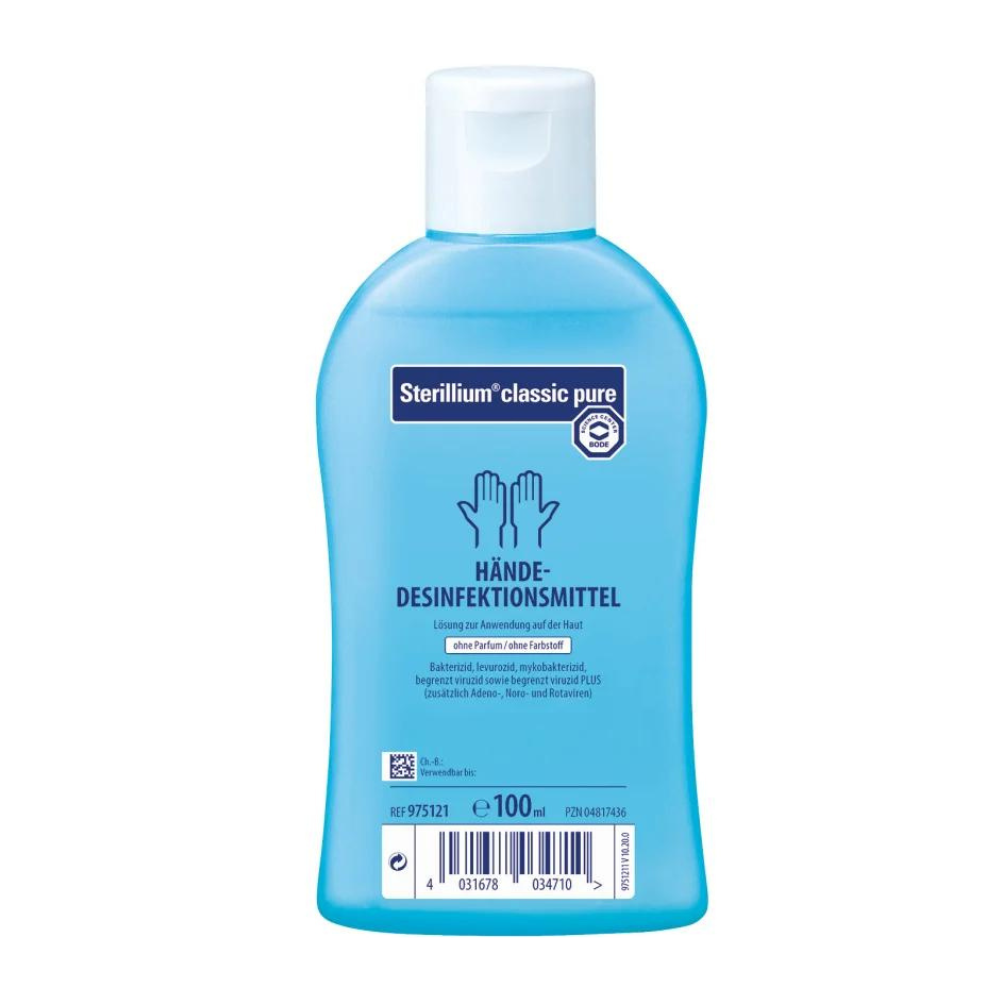 Une bouteille bleue de désinfection des mains Sterillium® classic pure de Paul Hartmann AG. Sur l'étiquette à l'avant, un texte indique qu'il s'agit d'un désinfectant pour les mains, suivi de détails supplémentaires en allemand et d'un code-barres.