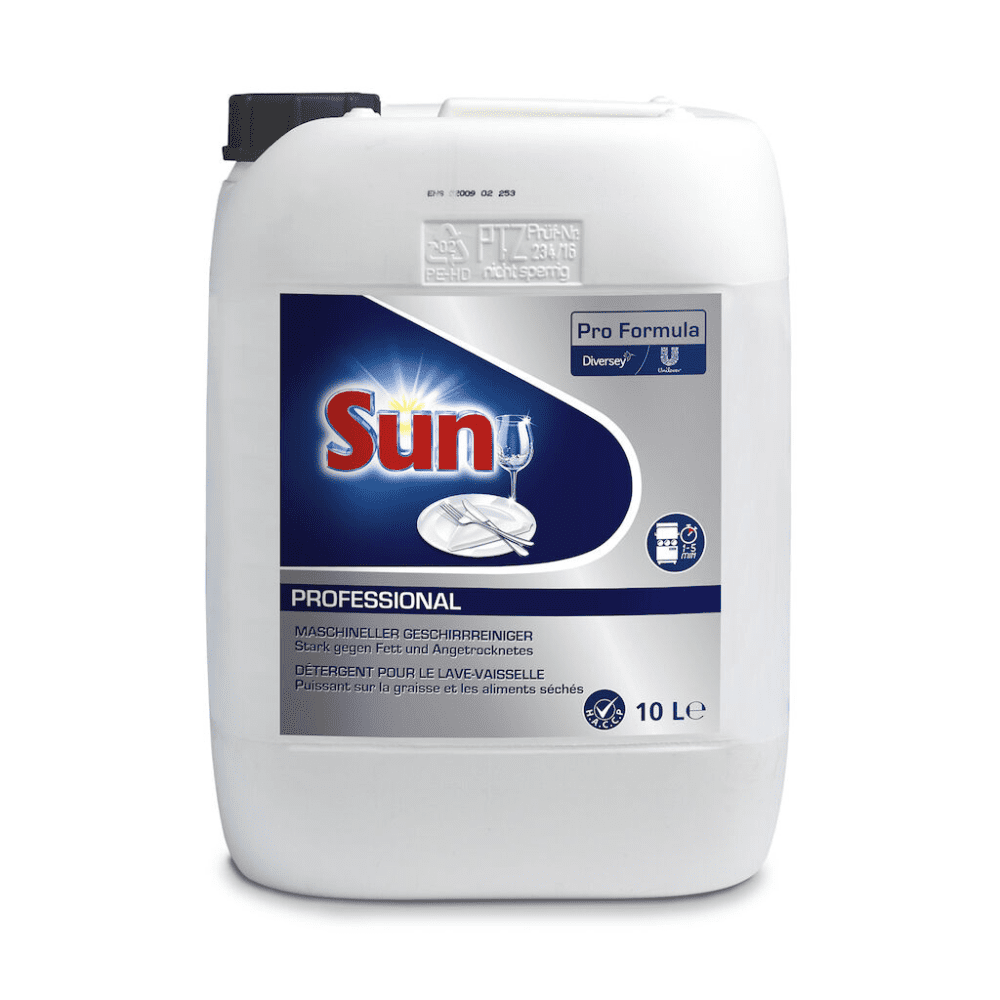 Un grand récipient blanc avec une étiquette bleue arbore en lettres rouge-jaune la marque « Sun ». Le liquide vaisselle « Sun Pro Formula Liquid » de Diversey Deutschland GmbH & Co. OHG a une capacité de 10 litres et contient une formule puissante pour éliminer les graisses, garantissant toujours des résultats sans traces.
