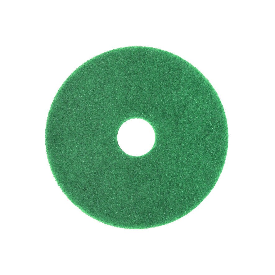 Le Superpad Vert Arcora de Arcora International GmbH est un pad vert, rond avec un trou central, idéal pour le nettoyage de fond sur les sols sensibles ou l'entretien sur des surfaces robustes. Représenté sur un fond blanc.