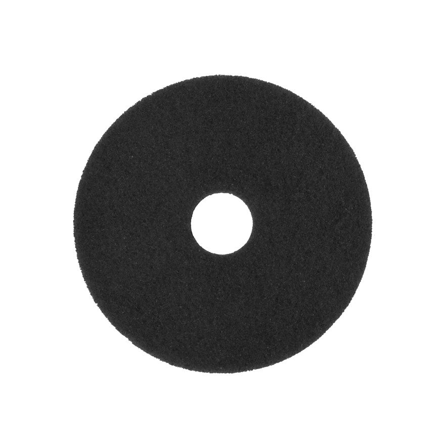 Un tampon de nettoyage circulaire noir Arcora Superpad Schwarz d'Arcora International GmbH pour le nettoyage humide sur des revêtements non sensibles, avec un trou central, illustré sur un fond blanc.