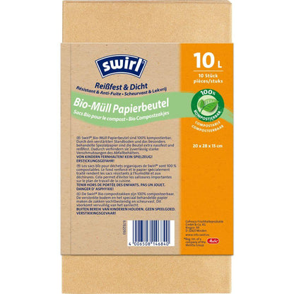 Die Swirl Bio-Müll Papierbeutel 10 l Reißfest & Dicht von Melitta Europa GmbH & Co. KG enthalten 10 kompostierbare Beutel auf einer Rolle und werden in einer braunen Verpackung mit grünen und orangen Akzenten geliefert.