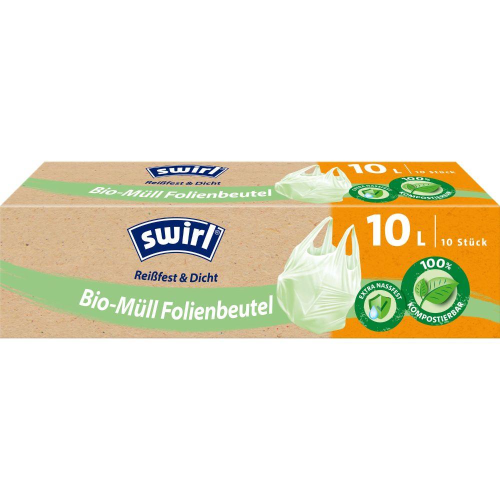 Un rouleau Swirl de sacs en film pour déchets biologiques avec poignée 10l, résistant à la déchirure et étanche (10 sacs) de Melitta Europa GmbH & Co. KG. Livraison dans un emballage brun-vert avec des symboles écologiques et un sac vert clair, 100 % compostable et certifié DINplus.