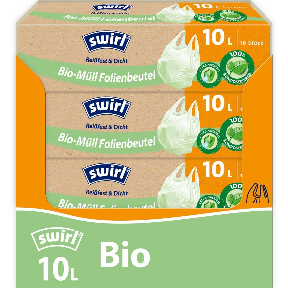 Un rouleau Swirl de sacs en film pour déchets biologiques avec poignée (10 x 10L) de Melitta Europa GmbH & Co. KG, résistant à la déchirure et étanche, avec un emballage vert et orange écologique avec des symboles et une illustration de sac biodégradable.