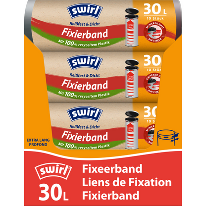 Un paquet de Swirl sacs poubelle XL 30 l extra longs avec bande de fixation de Melitta Europa GmbH & Co. KG contient trois rouleaux de 10 sacs chacun (30 l) en plastique 100 % recyclé. L'emballage est doté de textes en allemand, français et anglais.