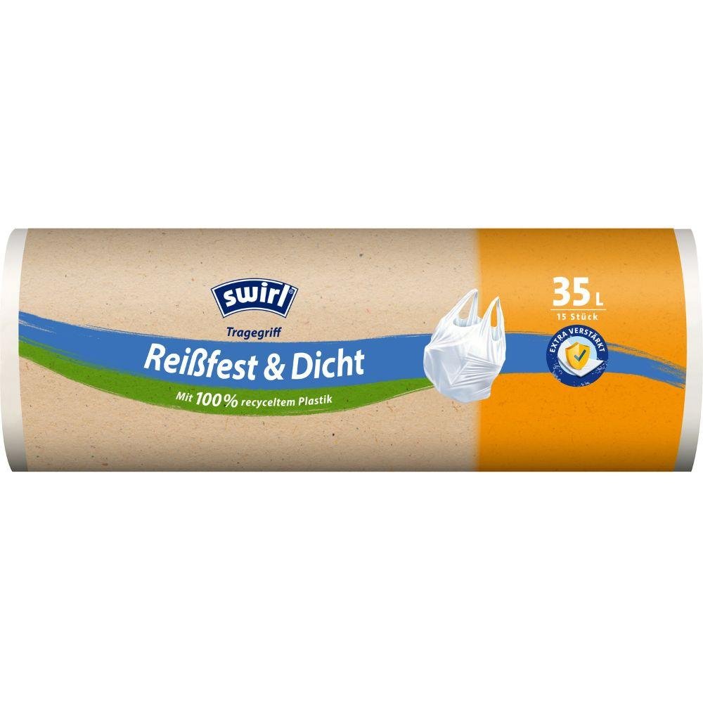 Le Swirl sac poubelle à anse de 35 l Résistant à la déchirure & Étanche (15 sacs/rouleau) de Melitta Europa GmbH & Co. KG est livré dans un emballage écologique en plastique recyclé à 100 % pour une gestion durable des déchets.