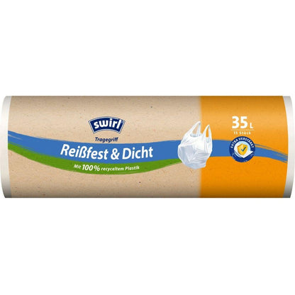 Le Swirl sac poubelle à anse de 35 l Résistant à la déchirure & Étanche (15 sacs/rouleau) de Melitta Europa GmbH & Co. KG est livré dans un emballage écologique en plastique recyclé à 100 % pour une gestion durable des déchets.