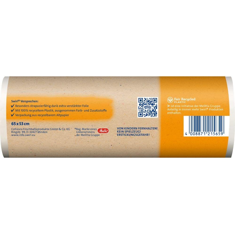 Un rouleau cylindrique Swirl de sacs poubelle à anse de 35 l de Melitta Europa GmbH & Co. KG en marron et orange, avec texte en allemand, symboles de recyclage, code-barres, détails du produit (65 x 53 cm) et mise en avant de sacs poubelle écologiques en plastique recyclé.