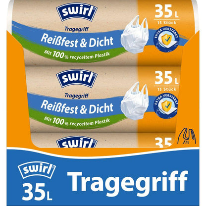 Un rouleau Swirl de sacs poubelle à anse de 35 l Résistant à la déchirure & Étanche (15 sacs) de Melitta Europa GmbH & Co. KG avec l'inscription « Avec 100 % de plastique recyclé » avec un design bleu, blanc et orange et une image de sac en plastique.