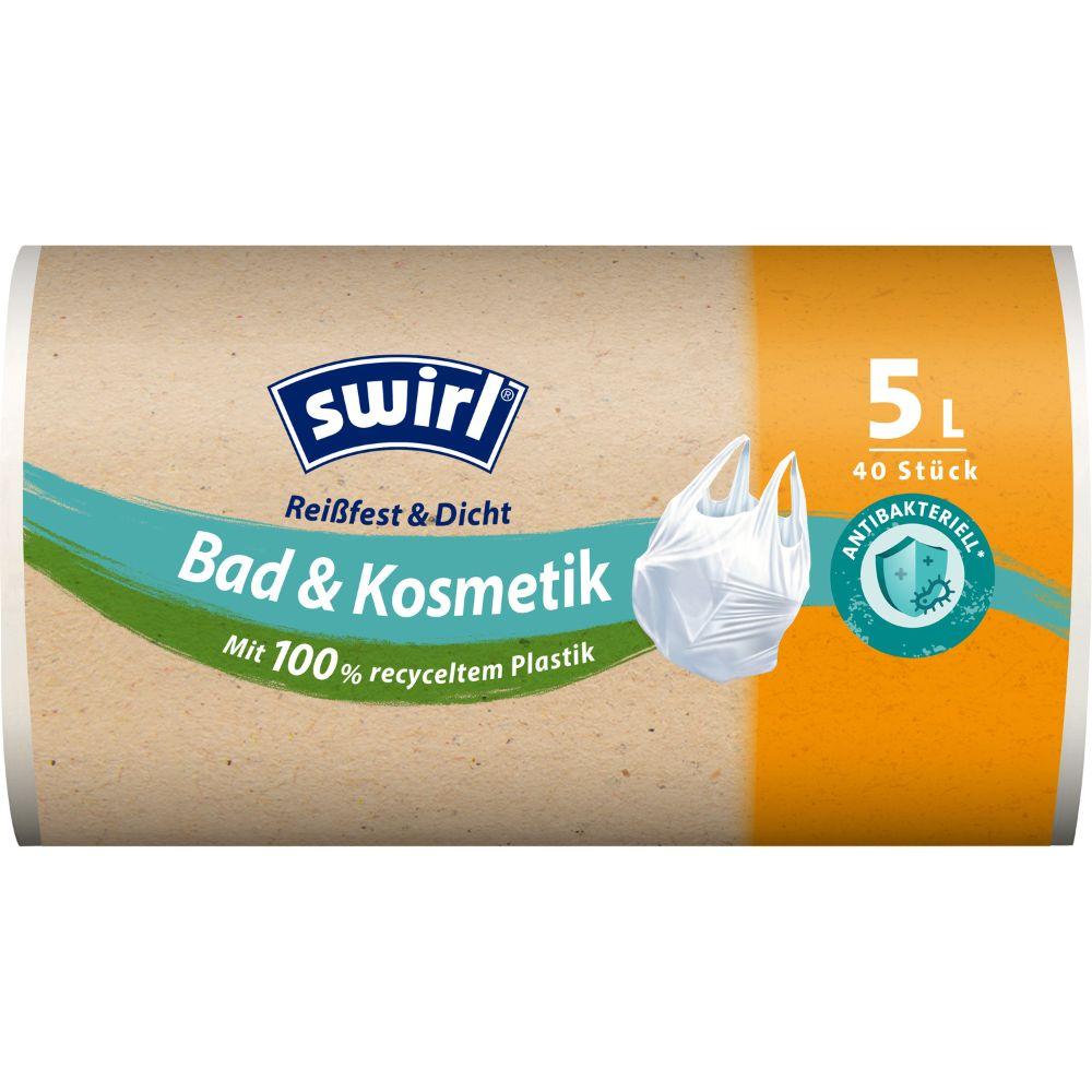 Un rouleau Swirl de sacs poubelle avec poignées pour salle de bain & cosmétiques 5L (40 sacs) de Melitta Europa GmbH & Co. KG, fabriqué à partir de plastique recyclé à 100 % avec protection antibactérienne, est étiqueté comme résistant à la déchirure et étanche.