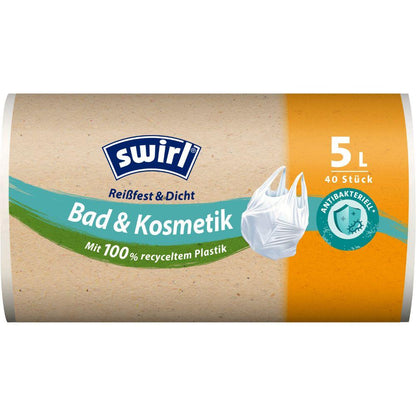 Un rouleau Swirl de sacs poubelle avec poignées pour salle de bain & cosmétiques 5L (40 sacs) de Melitta Europa GmbH & Co. KG, fabriqué à partir de plastique recyclé à 100 % avec protection antibactérienne, est étiqueté comme résistant à la déchirure et étanche.