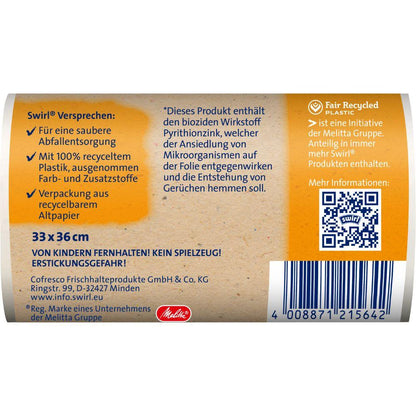 Arrière d'un Swirl sac poubelle avec poignées pour salle de bain & cosmétiques 5 l paquet de Melitta Europa GmbH & Co. KG, avec code-barres, QR code, informations produit en allemand, détails de recyclage, avertissements de sécurité, mention antibactérienne et étiquette en plastique 100 % recyclé.