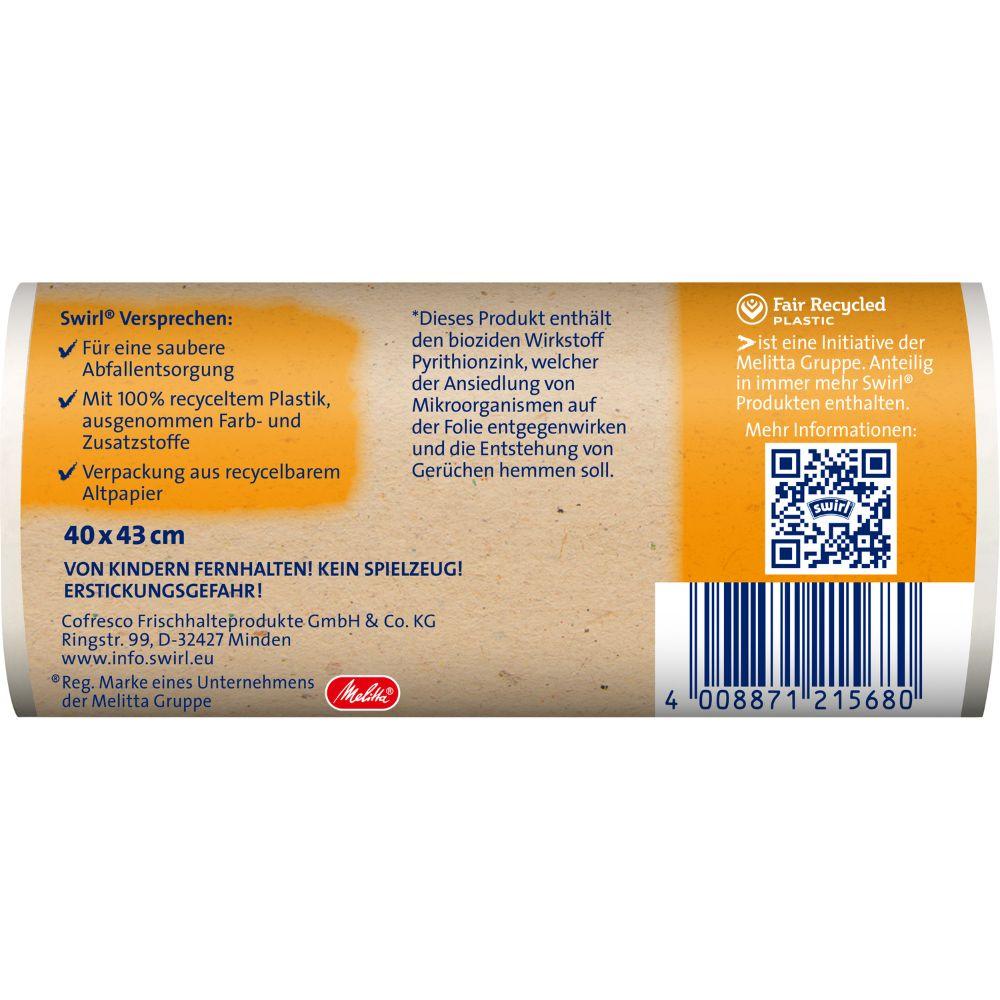 Le Swirl sac poubelle à poignées pour salle de bain & cosmétiques de 10 l de Melitta Europa GmbH & Co. KG se distingue par des sacs en plastique 100 % recyclé, sans colorants/additifs, avec des propriétés antibactériennes, un emballage recyclable, un code-barres et un code QR.