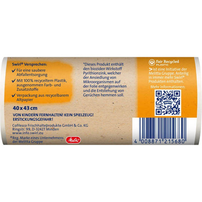 Le Swirl sac poubelle à poignées pour salle de bain & cosmétiques de 10 l de Melitta Europa GmbH & Co. KG se distingue par des sacs en plastique 100 % recyclé, sans colorants/additifs, avec des propriétés antibactériennes, un emballage recyclable, un code-barres et un code QR.