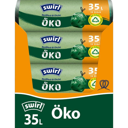 Un rouleau de Swirl sacs poubelle écologiques avec lien coulissant 35 l (12 sacs) de Melitta Europa GmbH & Co. KG avec des symboles et couleurs écologiques est fait de plastique recyclé et offre une solution de gestion des déchets durable et sûre.