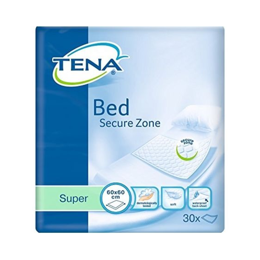 L'emballage des alèses TENA Bed Super, conçu en bleu et vert, met en avant la capacité d'absorption « Super » avec des micro-perles superabsorbantes. Elle mesure 60x60 cm, contient 30 protections contre l'incontinence et montre un lit avec une alèse comme indication de la protection contre les fuites. Le produit est proposé par TENA - Essity Germany GmbH.