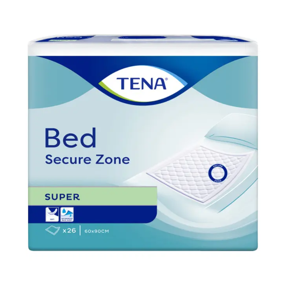 Le paquet d'alèses TENA Bed Super de TENA – Essity Germany GmbH est présenté dans un bleu et blanc apaisant et montre une image frappante d'une alèse de lit. Il contient des informations détaillées sur le produit telles que les dimensions (60 x 90 cm) et est livré dans un paquet de 26 pièces. La protection contre les fuites et les microperles superabsorbantes sont mises en avant pour un soin optimal des protections contre l'incontinence.
