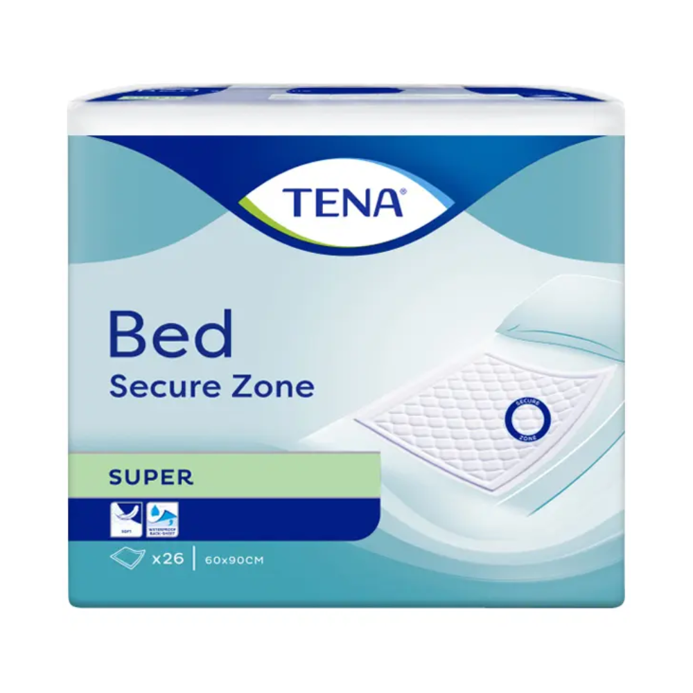Eine Packung TENA Bed Super Bettschutzunterlagen, die ein Bild einer Bettunterlage zeigt. Die Packung, geeignet für Bettschutz bei Urinverlust, enthält 26 Unterlagen mit den Maßen 60 x 90 cm. Das Design ist überwiegend blau und weiß, mit dem TENA-Logo oben.