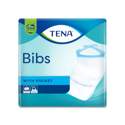 L'emballage des serviettes de protection jetables TENA Bibs, protection des vêtements, est conçu dans un style bleu-vert élégant et présente un bavoir blanc avec un bord bleu. Le logo TENA frappant est positionné en haut, tandis que le texte met en avant la fonction de poche des bavoirs, ce qui les rend parfaits pour le besoin de protection des vêtements et de serviettes de protection jetables.