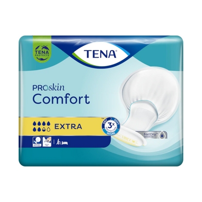 L'emballage de la protection d'incontinence TENA Comfort Extra (paquet de 40 pièces) affiche l'absorption « EXTRA » et montre une image de coussin blanc à côté de symboles mettant en avant les caractéristiques de confort. Le design comprend des tons de bleu et de vert, avec le logo TENA bien en évidence en haut, répondant aux besoins d'incontinence urinaire. Fabriqué par TENA - Essity Germany GmbH.