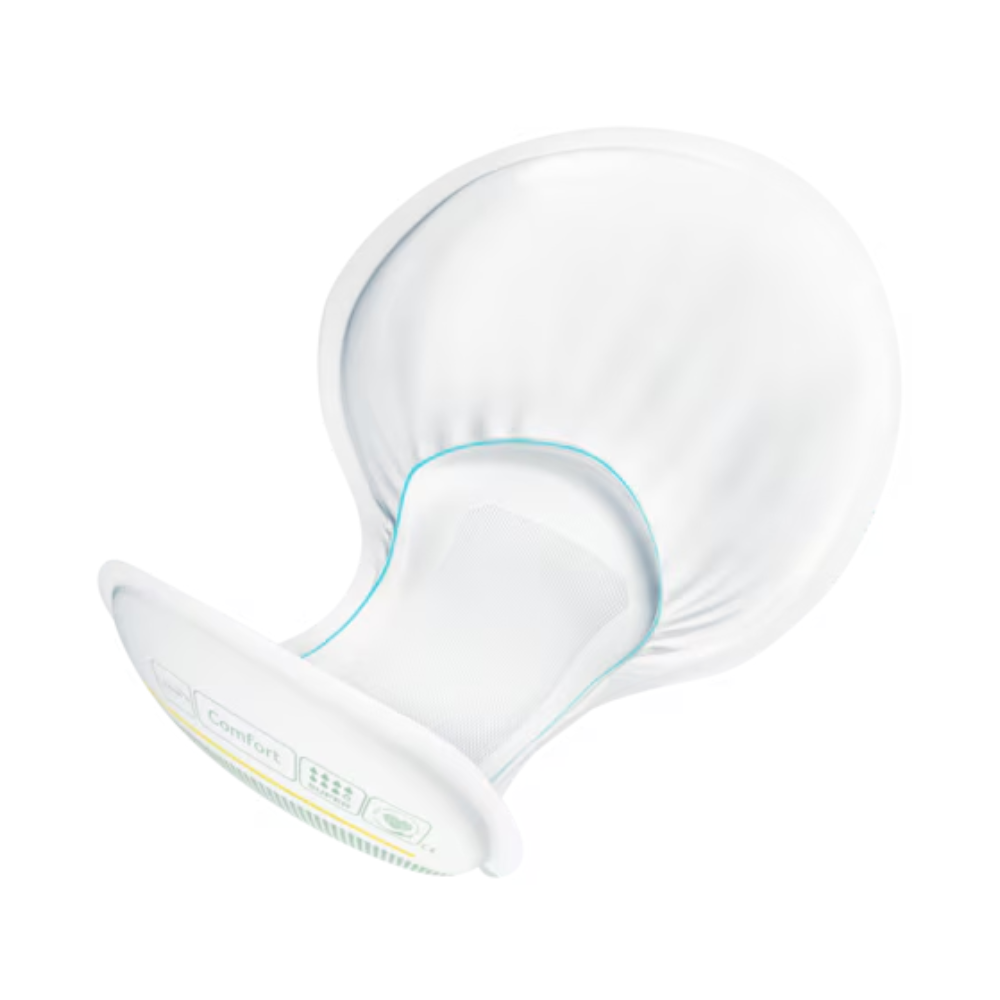 Une protection d'incontinence TENA Comfort Maxi avec un bouclier blanc incurvé, une bride large et ronde, et une tige plus étroite et texturée offre une absorption impressionnante. Son design ergonomique garantit le confort pendant l'utilisation et améliore l'expérience globale.