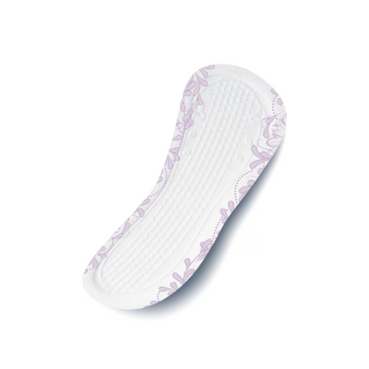 Le protège-slip TENA Discreet Mini de Essity Deutschland GmbH a une surface blanche texturée avec un discret motif floral violet sur les bords et offre une triple protection fiable en cas d'incontinence urinaire. Disponible en paquet de 30 pièces.