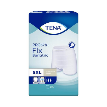 L'emballage des culottes de fixation pour incontinence TENA Fix Bariatric, taille 5XL, de TENA - Essity Germany GmbH se compose d'une boîte avec l'image d'une culotte blanche sans couture avec des symboles indiquant son aptitude unisexe et bariatrique. Contient cinq culottes de fixation.