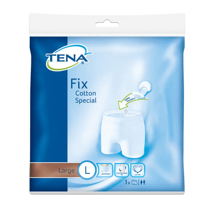 Un paquet de sous-vêtements d'incontinence TENA Fix Cotton spécial, taille L, de TENA - Essity Germany GmbH. L'emballage bleu et blanc montre une illustration qui met l'accent sur le confort et l'ajustement, ainsi que des symboles avec des instructions de lavage détaillées et des informations sur le produit pour un entretien facile.