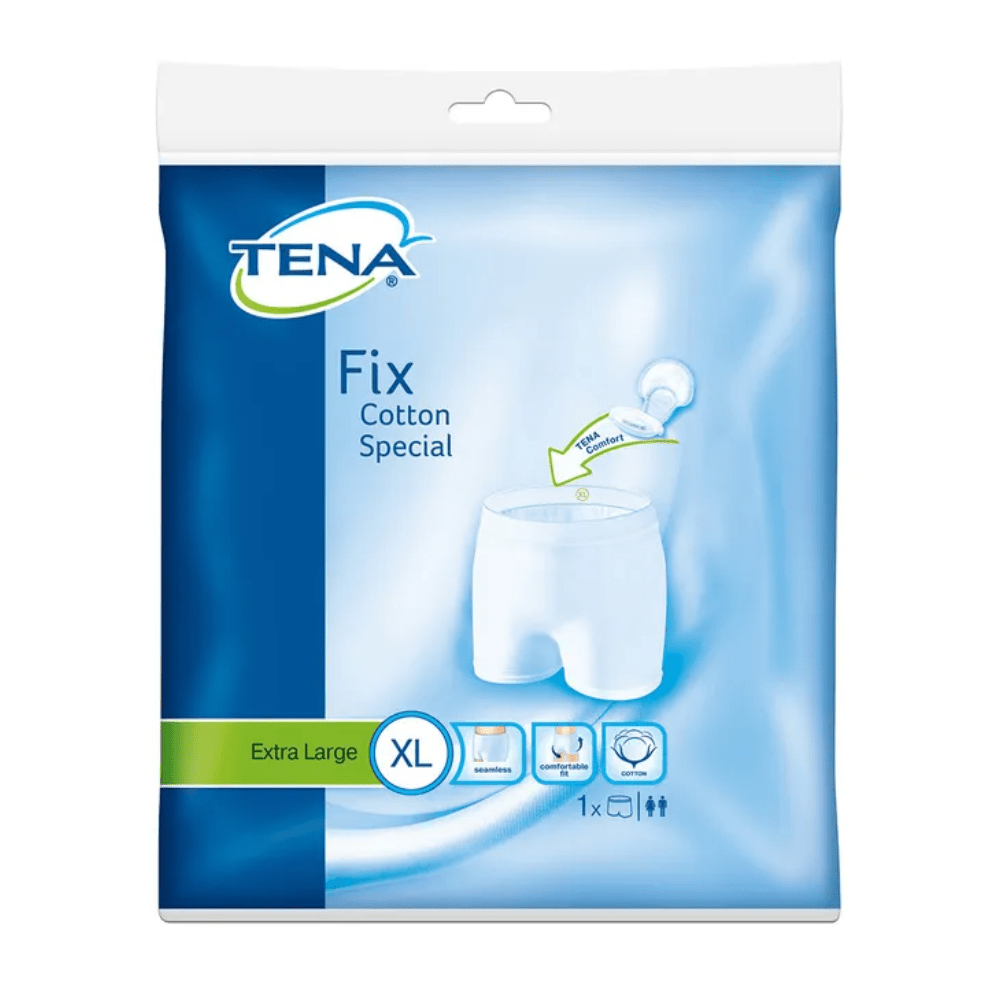 L'emballage bleu du sous-vêtement d'incontinence TENA Fix Cotton spécial, très grand, montre l'image du produit et des symboles qui mettent en valeur ses avantages. Également désigné comme « pantalon de fixation », il s'adapte parfaitement aux protections contre l'incontinence pour un confort et une sécurité optimaux.