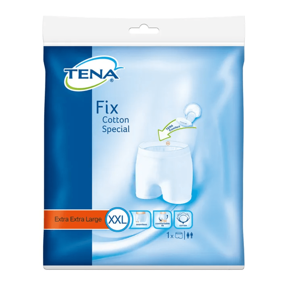 L'emballage du pantalon de fixation spécial TENA Fix Cotton, fabriqué par TENA - Essity Germany GmbH, en taille XXL montre une image qui ressemble à un sous-vêtement blanc. Des symboles mettent en valeur ses caractéristiques, accompagnés de textes indiquant « Extra Extra Large » et « 1x ». Il est parfait pour maintenir les protections contre l'incontinence en place en toute sécurité.