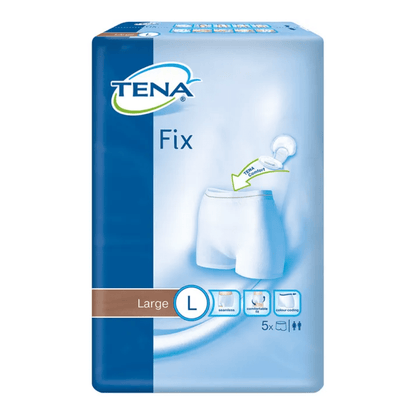 Les culottes de fixation pour incontinence TENA Fix de TENA - Essity Germany GmbH offrent un confort de port sûr et confortable. L'emballage bleu indique clairement un grand « L » pour la taille L et contient un diagramme illustrant l'ajustement ainsi que des symboles mettant en avant les fonctionnalités de protection contre les fuites. Chaque paquet contient 5 pièces, spécialement conçues pour une protection fiable.