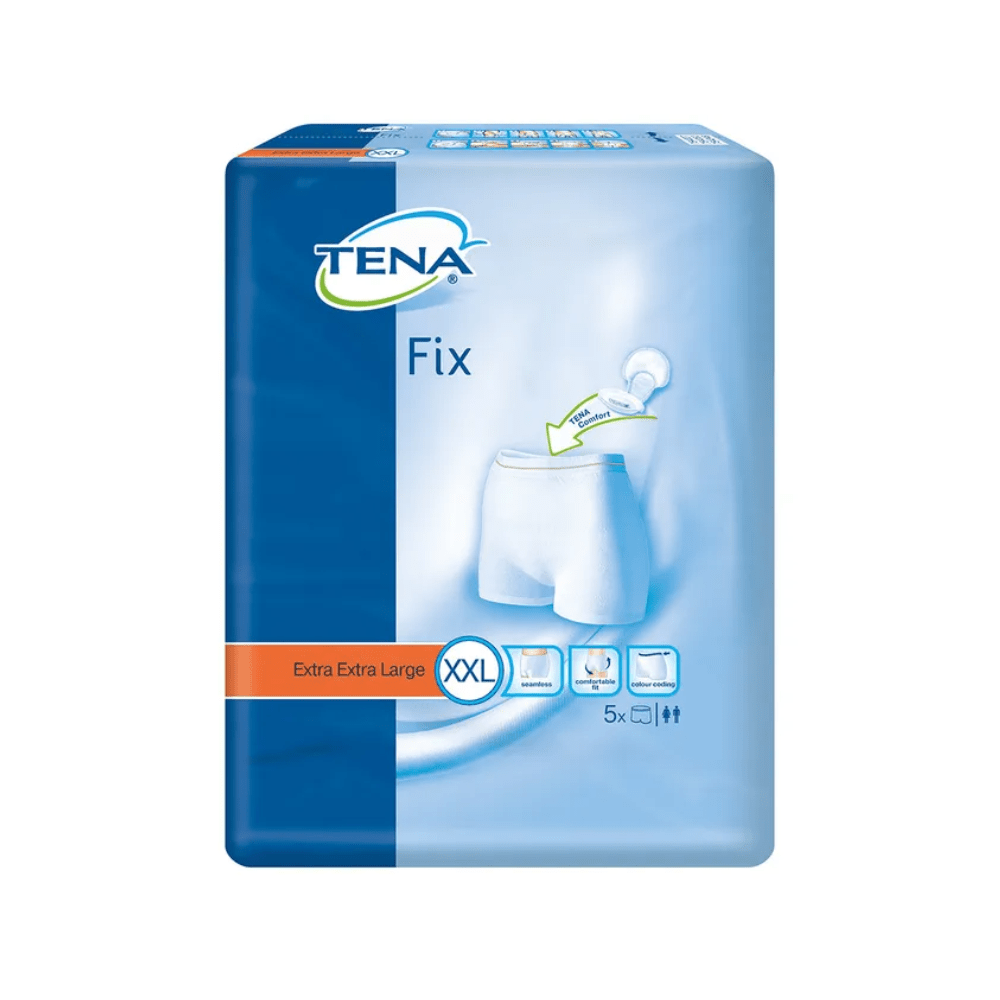Sur l'emballage des culottes de fixation pour incontinence TENA Fix, taille Extra Extra Large, le produit est illustré - culottes de fixation blanches avec protection contre les fuites. L'emballage bleu met en avant des détails du produit tels que la taille et la quantité et montre cinq pièces.