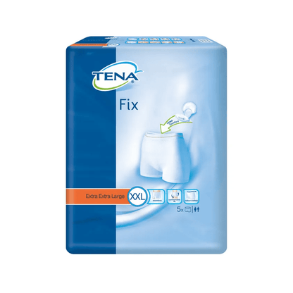 Sur l'emballage des culottes de fixation pour incontinence TENA Fix, taille Extra Extra Large, le produit est illustré - culottes de fixation blanches avec protection contre les fuites. L'emballage bleu met en avant des détails du produit tels que la taille et la quantité et montre cinq pièces.