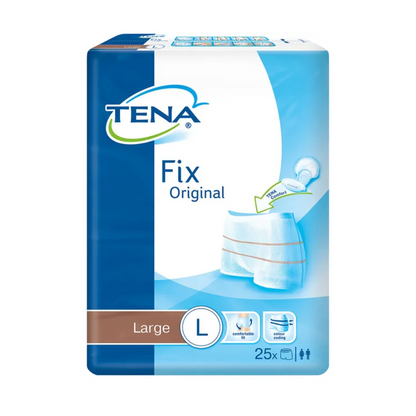 L'emballage du TENA Fix Original Fixierhose en grand format affiche le logo de la marque ainsi qu'une image du produit. Il contient 25 pièces et inclut des illustrations de symboles masculins et féminins, soulignant sa fiabilité en tant que produit d'incontinence éprouvé avec une protection fiable contre les fuites.