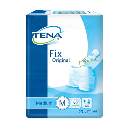 L'emballage du TENA Fix Original Fixierhose en bleu et blanc montre un diagramme de ce produit premium. Il met en avant la technologie de protection contre les fuites et indique qu'il s'agit d'une taille moyenne contenant 25 articles. Des symboles sur l'emballage illustrent les principales caractéristiques pour un confort optimal.