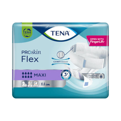 L'emballage de la protection d'incontinence TENA Flex Maxi avec ceinture de TENA – Essity Germany GmbH contient une culotte d'incontinence blanche qui met en avant des caractéristiques importantes telles que « ComfiStretch », « Technologie FeelDry » et « Ouverture avec FingerLift ». De plus, il contient des symboles indiquant la capacité d'absorption et l'usage prévu, ce qui en fait un excellent choix pour une protection d'incontinence avec ceinture.