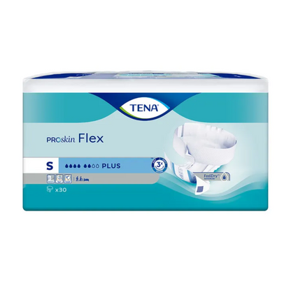 L'emballage de la culotte d'incontinence TENA Flex Plus en taille Small se présente dans un design bleu et blanc avec une image de couche qui met en avant la capacité d'absorption « Plus », la technologie FeelDry et la ceinture pour un confort accru. Chaque paquet contient 30 unités de protection d'incontinence de la marque TENA – Essity Germany GmbH.