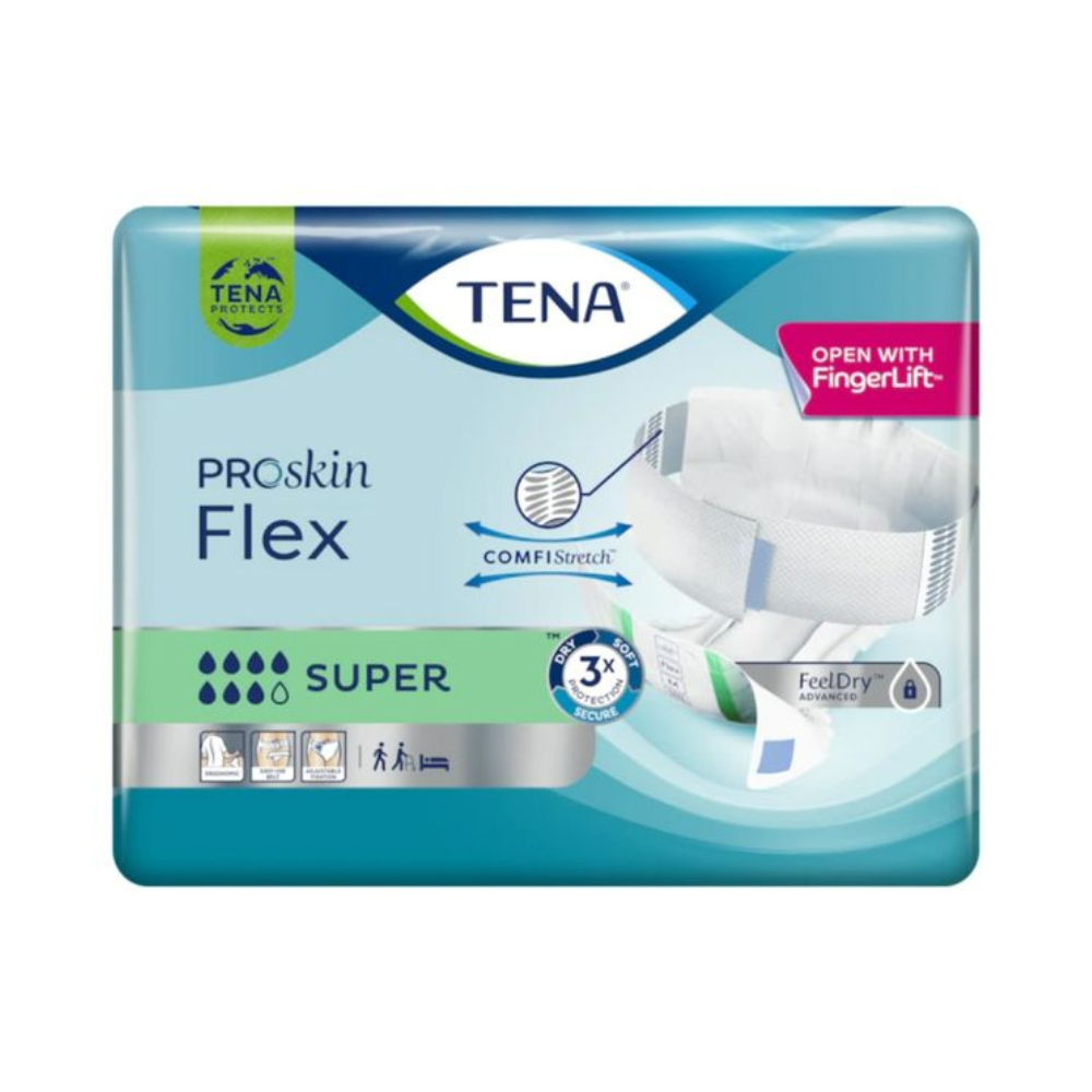 Un paquet de protections pour incontinence TENA Flex Super avec ceinture de TENA - Essity Germany GmbH, avec ComfiStretch et ceinture sécurisée. L'emballage équipé de la technologie FeelDry montre des symboles qui mettent en évidence les caractéristiques du produit et contient un diagramme de la protection pour incontinence.