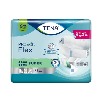 Un paquet de protections pour incontinence TENA Flex Super avec ceinture de TENA - Essity Germany GmbH, avec ComfiStretch et ceinture sécurisée. L'emballage équipé de la technologie FeelDry montre des symboles qui mettent en évidence les caractéristiques du produit et contient un diagramme de la protection pour incontinence.