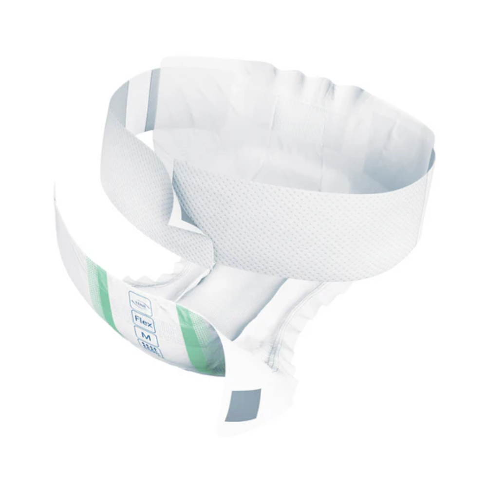 La protection pour incontinence TENA Flex Super avec ceinture de TENA - Essity Germany GmbH a un extérieur blanc, une ceinture confortable et présente des marquages verts et bleus à l'avant ainsi que des indicateurs étiquetés qui garantissent une absorption maximale pour les besoins d'incontinence.