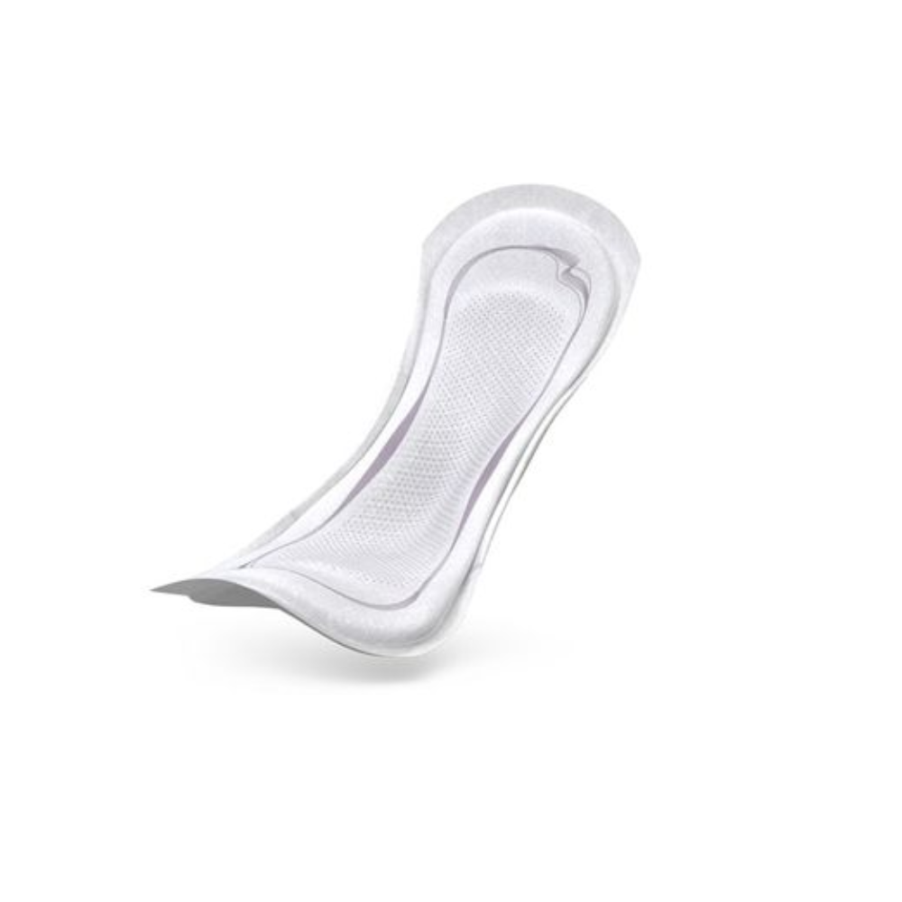 Sur un fond blanc, un protège-slip TENA Lady Discreet Extra Plus de Essity Germany GmbH est illustré. Il dispose de la technologie InstaDRY et d'un design profilé avec une surface texturée, conçu pour l'hygiène personnelle.