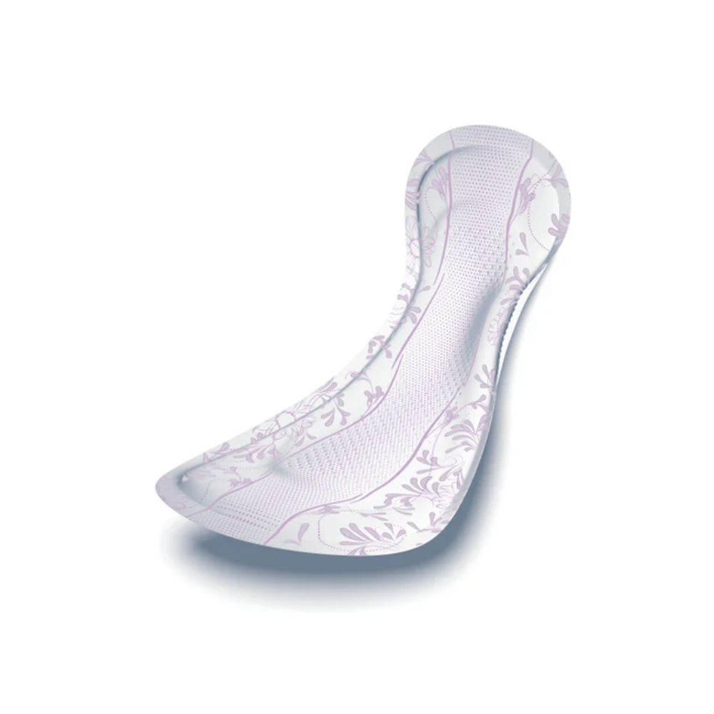 La protection TENA Lady Discreet Protect+ Maxi Night de TENA - Essity Germany GmbH est dotée d'une forme profilée et d'un motif floral violet clair. Grâce à la technologie InstaDRY, les détails sont mis en valeur sur un fond blanc simple. Disponible en paquets de 12 pièces.