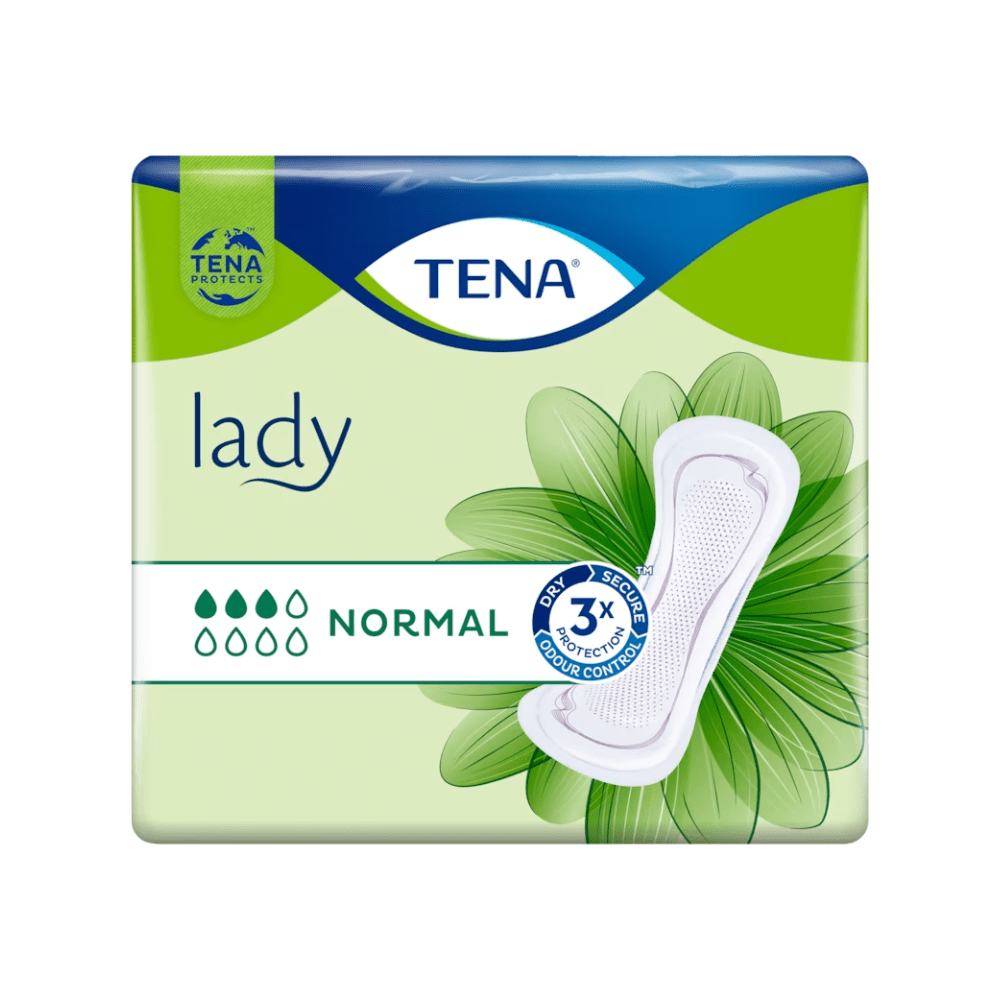 La serviette hygiénique TENA Lady Normal | Paquet (30 pièces) de TENA - Essity Germany GmbH, développée pour traiter l'incontinence urinaire, est présentée sur un fond vert-bleu. L'emballage met en avant « 3x Protection » et « Contrôle des odeurs » et montre sur le côté droit un graphique de la serviette pour démontrer ce produit efficace contre l'incontinence.