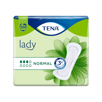 La serviette hygiénique TENA Lady Normal | Paquet (30 pièces) de TENA - Essity Germany GmbH, développée pour traiter l'incontinence urinaire, est présentée sur un fond vert-bleu. L'emballage met en avant « 3x Protection » et « Contrôle des odeurs » et montre sur le côté droit un graphique de la serviette pour démontrer ce produit efficace contre l'incontinence.