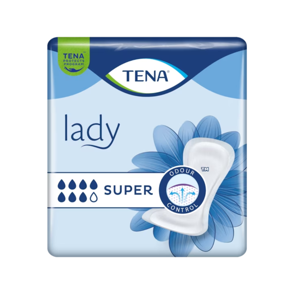 L'emballage de la protection d'incontinence TENA Lady Super | Paquet (30 pièces) de TENA - Essity Germany GmbH est en bleu et blanc. Des éléments marquants comme les mots « Lady » et « SUPER », des gouttes d'absorption, un graphisme floral ainsi que des termes comme « Odour Control » en font le choix idéal pour tous ceux qui recherchent une protection fiable contre l'incontinence dans le cadre du programme TENA Protects.