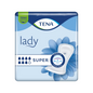 L'emballage de la protection d'incontinence TENA Lady Super | Paquet (30 pièces) de TENA - Essity Germany GmbH est en bleu et blanc. Des éléments marquants comme les mots « Lady » et « SUPER », des gouttes d'absorption, un graphisme floral ainsi que des termes comme « Odour Control » en font le choix idéal pour tous ceux qui recherchent une protection fiable contre l'incontinence dans le cadre du programme TENA Protects.